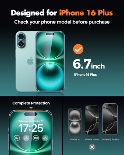 UNBREAKcable 3-Pack Screen Protector for iPhone 16 Plus Tempered Glass | Shatterproof, Easy Install, 9H Hardness, 99.99% HD Clear, Bubble-Free, Anti-Fingerprint, Scratch Resistant, Case Friendly - size: iPhone 16 Plus