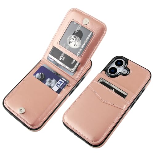 KIHUWEY for iPhone 17 Wallet Case Card Holder Kickstand, Rose Gold | Credit Card Slots, PU Leather, Magnetic Clasp, Flip Heavy Duty Protection Cover for Men and Women - color: Rose Gold