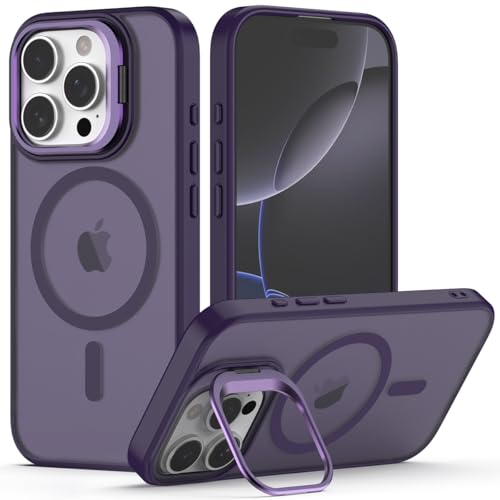 Nvollnoe for iPhone 16 Pro Case Compatible with MagSafe Military Grade Shockproof Heavy Duty Protective Adjustable Kickstand Matte Semi Clear Phone Cover for iPhone 16 Pro(Deep Purple) - color: Deep Purple, size: For Iphone 16 Pro-6.3"(3 Lens)