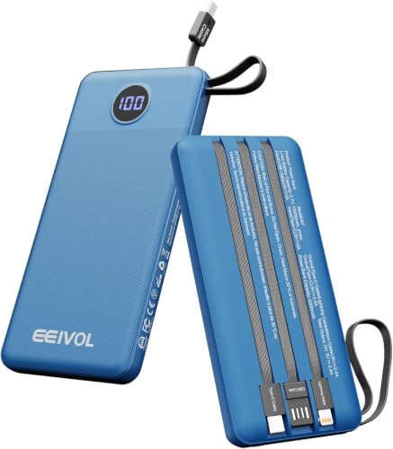 Portable Charger with 4 Built-in Cables, 10000mAh Power Bank, Blue - color: Blue