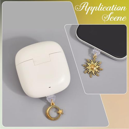 SUNNYCLUE 1 Box 10 Styles Moon Dust Plug Charm Dust Plug Charms Bulk Small Gold Metal Cute Sun Stars Dangle Plastic Compatible Port Protector Pendant for Phone Earphone Diy Jewelry Supplies Women Men - style: Moon & Star