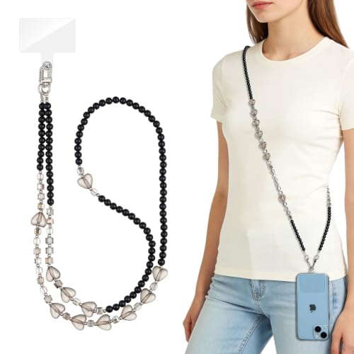 WOZEAH Crystal Cell Phone Lanyard Crossbody Strap for Women, Beaded Phone Strap for Cellphone Case with Tether Tab - color: Black Bead Love