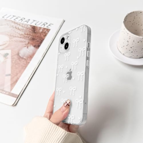 NITITOP Compatible with iPhone 14 Case Clear Cute Bow Ribbon Love Heart Pattern for Women Girls Bowknot Full Camera Lens Soft TPU Slim Shockproof Protective Cover - White - color: White, size: iPhone 14
