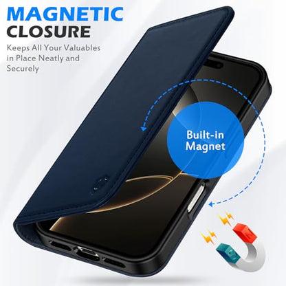 SHIELDON Genuine Leather Flip Case Wallet for iPhone 16 Pro 6.3", Navy Blue | Magnetic Closure, RFID Blocking, Credit Card Slot, Viewing Stand, Foldable Design, Shockproof TPU Phone Cover - color: Navy Blue