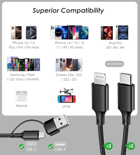 Multi Charging Cable, 2Pack 4FT 4 in 1 Charging Cable for Multiple Devices