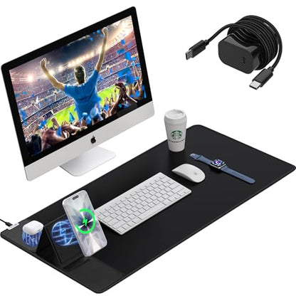 Wireless Charging Mouse Pad with Foldable Phone Holder, 15W Magnetic Fast Charging for iPhone Samsung, 31.5"x15.75" Large Desk Mat for Laptop/Keyboard, Waterproof Gaming Mousepad with Non-Slip Base - color: Magnetic+Phone Stand Black with PD Charger