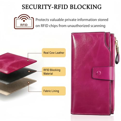 YALUXE Women's Real Leather Wallet RFID Protect 21 Card Slots Phone Pocket - color: 7- Waxed Pink, size: Genuine Leather