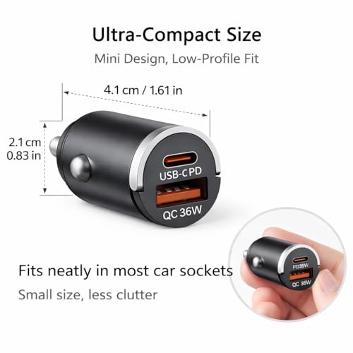USB C Car Charger Fast Charging, 36W Dual Port Car Charger Adapter, PD 36W USB C & QC USB A, Mini Aluminum Car Charger for iPhone 17/16/15, Samsung, Huawei, iPad, AirPods