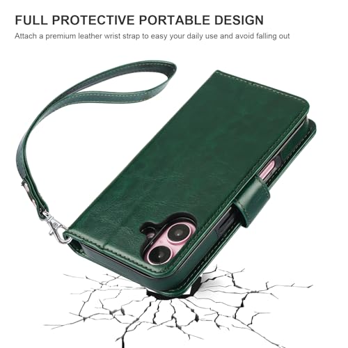 Bocasal Detachable Wallet Case Card Holder for iPhone 16, Green | RFID Blocking Kickstand Card Slots Holder PU Leather Magnetic Shockproof Wrist Strap Removable Flip Protective Cover 6.1 inch - color: Green