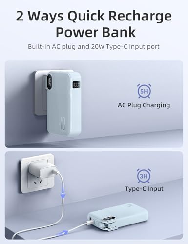 RORRY Portable Charger 3 in 1 with Wall Plug 10000mAh Power Bank for iPhone - color: Blue