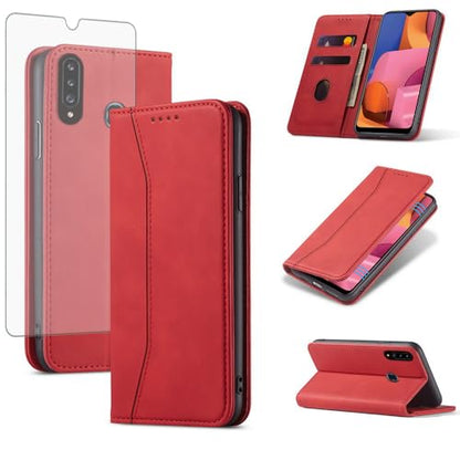 Asuwish Flip Wallet Phone Case for Samsung Galaxy A20s with Tempered Glass Screen Protector Magnetic Closure Folio Cover Credit Card Holder Slot Stand Cell Accessories A 20s Plus A207M Women Red - color: Red
