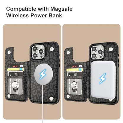 HAOPINSH for iPhone 16 Pro Max Case Wallet Compatible with MagSafe Wireless Charging, Black Leopard Cheetah Pattern Back Flip Folio Leather Kickstand Card Slots Case Double Magnetic Clasp Cover 6.9" - color: Black Leopard for MagSafe