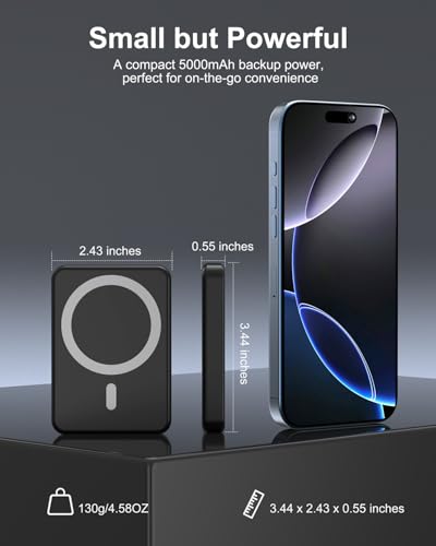 5000mAh Magnetic Portable Charger, Ultra Slim Magnetic Power Bank with USB-C Cable Compatible with iPhone 17/16/15/14/13/12 Series - color: Black