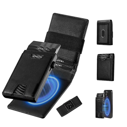 iwantit 3 in 1 Magsafe Wallet Men: Bifold Wallet + Magnetic Wallet for iPhone - Detachable Cash Strap, Smart Pop Up Card Holder, ID Window, Premium Leather (Black) - color: Black