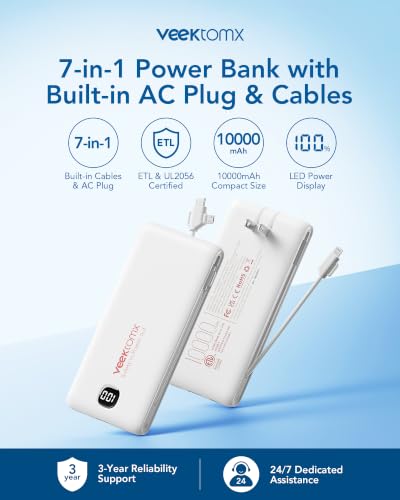VEEKTOMX Portable Charger with Built-in Cables and AC Wall Plug, 10000mAh - color: Matte White