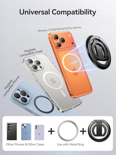 tounee Double-Sided Magnetic Phone Ring Holder Compatible with MagSafe, N52 Strong Magnet Grip & Foldable Kickstand for Gym Rack, Fridge, Fits iPhone 17 16 15 14 Pro Max (Black) - color: Black