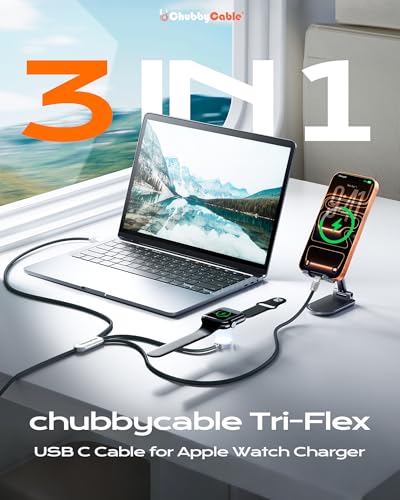 chubbycable 3 in 1 Silicone USB C Cable for Apple Watch, All Black, 4.1FT - color: All Black