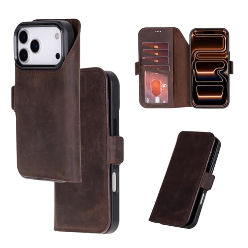 Bayelon Leather Folio Case for iPhone 17 Pro 6.3", Flip Cover Card Holder, Genuine Leather Case, Folio Wallet Case, MagSafe Compatible Shockproof Flip Cover, Rfid Blocking - Dark Brown - color: Dark Brown, size: iPhone 17 Pro
