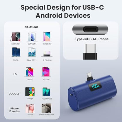 [2-Pack]Portable Charger for iPhone 16/15 Series,5200mAh PD USB C Power Bank Built-in USB-C Connector,Battery Pack Compatible with iPhone 16/16 Plus/16 Pro/16 Pro Max/15 Series,Android (Pink+Blue) - color: Pink+Blue