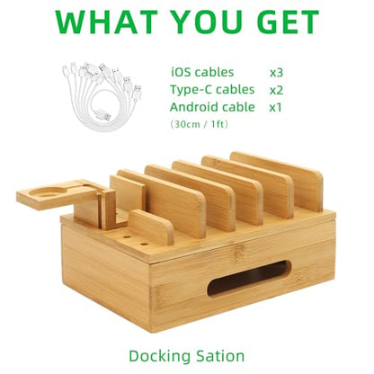Bamboo Charging Station with Watch Stand, Desktop Charging Station Organizer, Wood Docking Station for Phones, Tablets, Watch, Earbuds (No Power Supply)