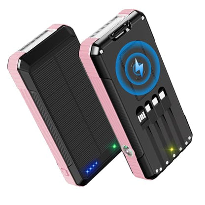 Solar Power Bank 49800mAh, Portable Charger with Built-in 4 Cables, 22.5W Fast Charging Solar Panel Charger for Traveling, Camping and Emergency(Pink) - color: Pink