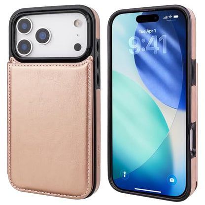 ONETOP for iPhone 17 Pro Max Wallet Case with Credit Card Holder,Rosegold | Kickstand,ID/Cash Holder,Case Wallet with Card Slots,Double Magnetic Clasp,Durable PU Leather Shockproof Cover for Women Men - color: Rose Gold