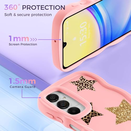 for Galaxy A15 Phone Case, Wavy Soft TPU, Pink-Leopard Star | Wavy Frame Design, Soft Slim TPU, Full Camera Lens Protection, Shockproof Phone Cover - color: Pink-Leopard Star, size: Samsung A15