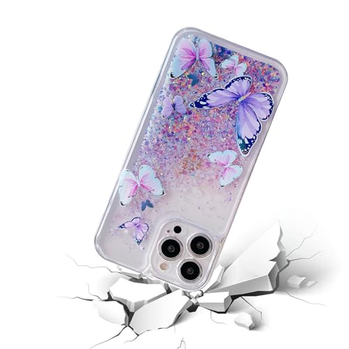 Compatible with iPhone 16 Pro Max Glitter Butterfly Case Glow in The Dark Women Girls Girly Bling Sparkle Flowing Quicksand Light up Case Soft TPU Bumper Luminous Clear Phone Cover, Purple - color: Purple, size: iPhone 16 Pro Max