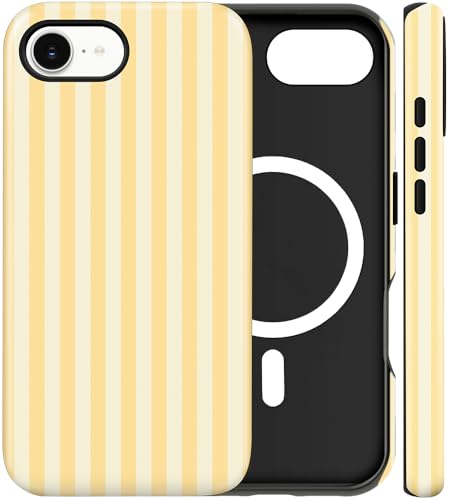 Magnetic for iPhone 16e Case Cute Stripes Phone Case, Yellow | Aesthetic Striped Shockproof Slim TPU and Hard PC Protective Phone Cover Compatible with MagSafe Designed for Women Girls - color: Yellow, size: iPhone 16e