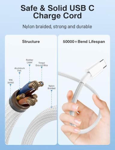 240W Braided USB C to USB C Cable, 6Ft+10Ft - color: White, size: 2P-6+10FT