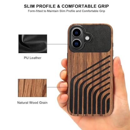 TENDLIN Compatible with iPhone 16 Plus Phone Case Wood Grain with Carbon Fiber Texture Design Leather Hybrid Slim Case (Hairline) - color: Hairline, size: iPhone 16 Plus