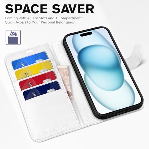 TUCCH Case Wallet for iPhone 15 (6.1") 2023, RFID Blocking Folio, White | 4 Card Holders, Kickstand, PU Leather, Magnetic Closure, Shockproof TPU Shell, Protective Flip Cover - color: White
