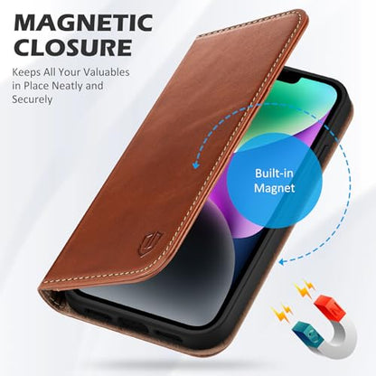 SHIELDON Genuine Leather Flip Wallet Case for iPhone 14 6.1", Retro Brown | Magnetic Closure, RFID Blocking, Credit Card Holder, Kickstand, Flip Design, Shockproof Protective Cover - color: Blown - Retro