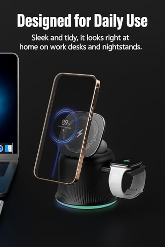 3 in 1 Wireless Charging Station for Apple MagSafe Charger, 15W Fast Magnetic MagSafe Charger Stand for iPhone 17 16 15 14 13 12 Apple Watch AirPods Series, Gifts for Men