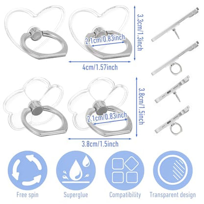 4Pcs Heart Flower Clear Phone Grip, Ymapinc Transparent Phone Ring Holder Grip, Clear Finger Kickstand Cell 360 Degree Rotation Holder for Hand for Tablet Case Accessories