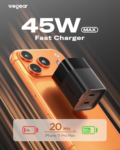 wegear 45W USB C Charger, 2 Port GaN Fast Charging with PPS, Foldable Wall Charger Block for iPhone 18/17/16, iPad, Galaxy S25/S24, Pixel 10/9 (Black) - color: Black