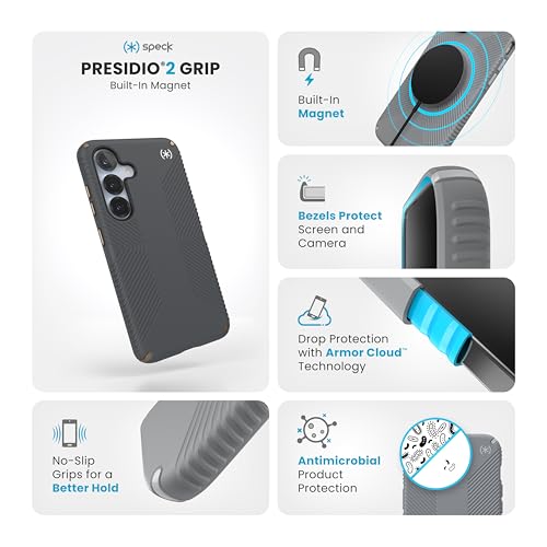 Speck Samsung Galaxy S25 Case - Presidio 2 Grip + Magnet, 13-Foot Drop Protection, No-Slip Grips, Raised Bezel, Enhanced Buttons, Charcoal Grey/Cool Bronze - color: Charcoal Grey/Cool Bronze, size: Galaxy S25