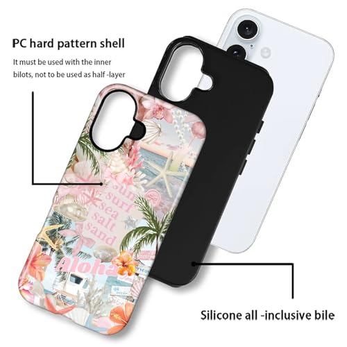 Case for iPhone 16, Cute Phone Case, Aloha Summer Collage | Hybrid 2-Layer Phone Cover，Military-Grade Protection Durable Shockproof Anti-Scratch Cases - color: Pink Aloha Summer Collage, size: Iphone 16