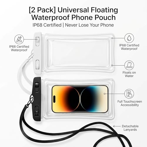 [2 Pack] Universal Floating Waterproof Phone Pouch, IP68 Water Proof Case for All Phones with Detachable Lanyard - Perfect Beach Cruise Essentials for iPhone 16 15 14 Pro Max, Galaxy S25