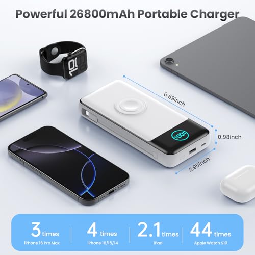 Portable Charger for iPhone with Built-in Cables and AC Wall Plug,26800mah Fast Charging USB C Power Bank,25W PD Travel Essential Battery Pack for iPhone 17/16/15/14/13,Galaxy,Apple Watch (White) - color: White
