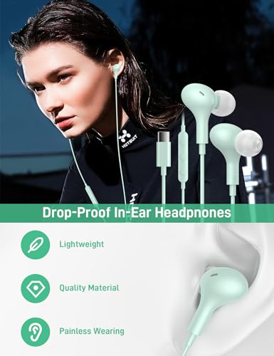 USB C Headphones for Apple/iPhone Duo 18 17 16 15 Wired Earbuds with Case - color: Mint