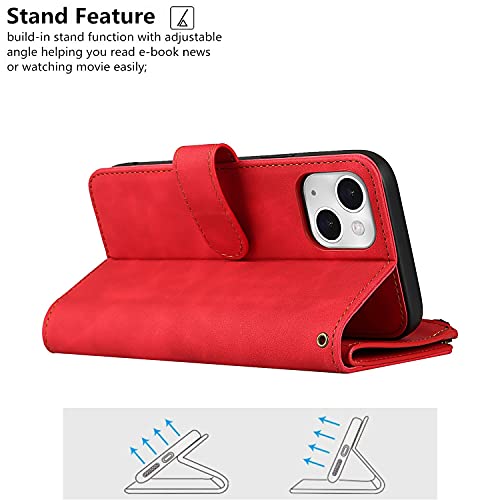 iCoverCase Compatible with iPhone 13 Wallet Phone Case with Card Holder, PU Leather Zipper Pocket Magnetic Detachable Flip Case with Wrist Strap (Red) - color: Detachable--Red