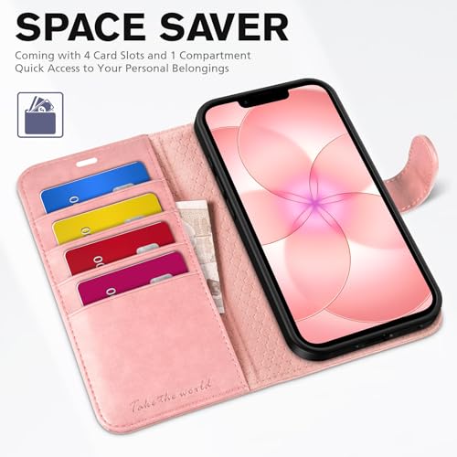 TUCCH Case Wallet for iPhone 17e 16e (6.1"), RFID Blocking Folio, Rose Gold | 4 Card Holders, Kickstand, PU Leather, Magnetic Closure, Shockproof TPU Shell, Protective Flip Cover - color: Rose Gold