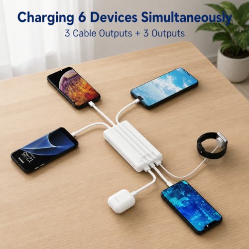10000mAh Portable Charger with 4 Built-in Cables, 22.5W Fast Charging Power Bank, LED Display, Slim Travel Battery Pack for iPhone 17/16/15/14, Samsung Galaxy, iPad & More - color: White