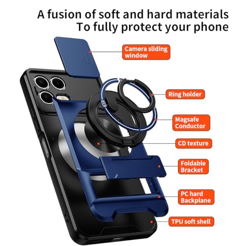 Compatible for T-Mobile Revvl 8 Pro TMRV08P5G Phone Case with HD Screen Protector, [Slide Camera Cover] [3 Stand Ways] Ring Holder Kickstand Military Grade Shockproof Protective Cover Case - Blue - color: Revvl 8 Pro Blue