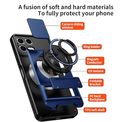 Compatible for T-Mobile Revvl 8 Pro TMRV08P5G Phone Case with HD Screen Protector, [Slide Camera Cover] [3 Stand Ways] Ring Holder Kickstand Military Grade Shockproof Protective Cover Case - Blue - color: Revvl 8 Pro Blue