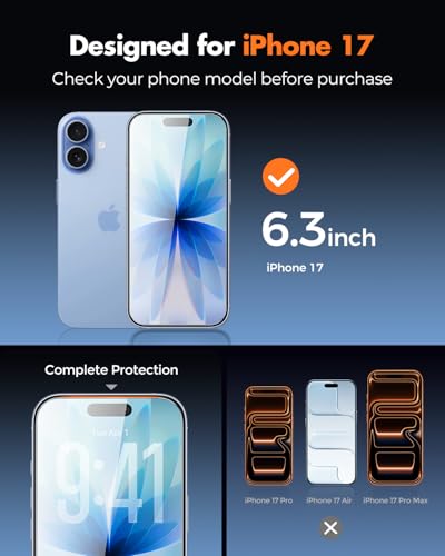 UNBREAKcable 4-Pack iPhone 17 Screen Protector, 9H Hardness | 9H tempered glass | 99.99% HD clarity | Double Shatterproof|alignment frame easy install | case-friendly - size: iPhone 17