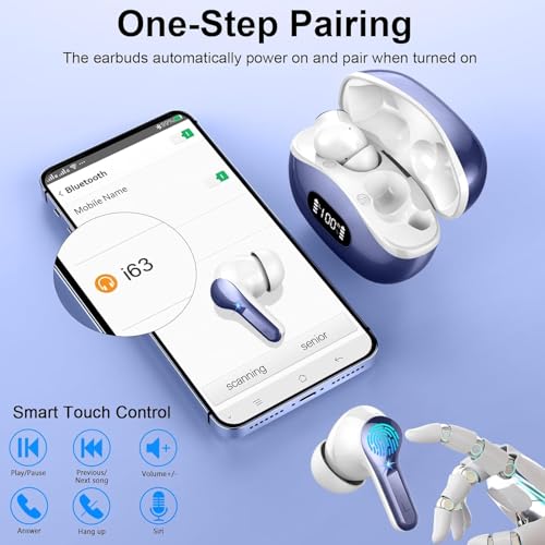 Wireless Earbuds, Bluetooth Headphones 5.4 HiFi Stereo Ear buds with ENC Noise Cancelling Mic, 40H Bluetooth Earbuds with Dual LED Display Charging Case, IP7 Waterproof Earphones for Android iOS, Blue - color: navy blue