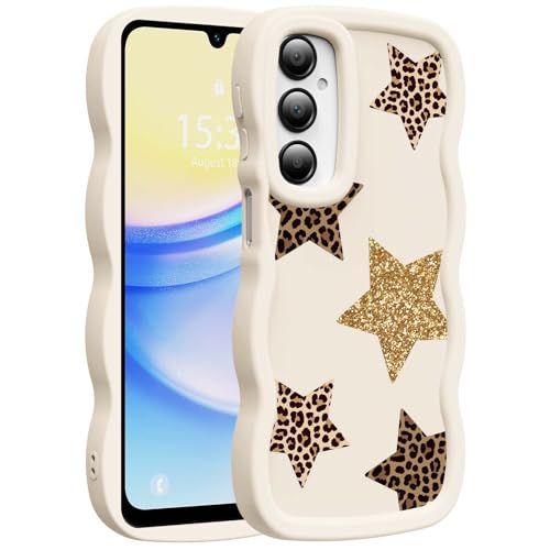 for Galaxy A15 Phone Case, Wavy Soft TPU, White-Leopard Star | Wavy Frame Design, Soft Slim TPU, Full Camera Lens Protection, Shockproof Phone Cover - color: White-Leopard Star, size: Samsung A15