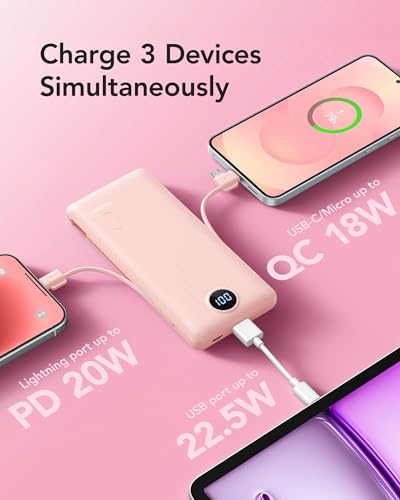 VRURC 22.5W Portable Charger 10000mAh Fast Charging with Built-in AC Plug - color: Pink